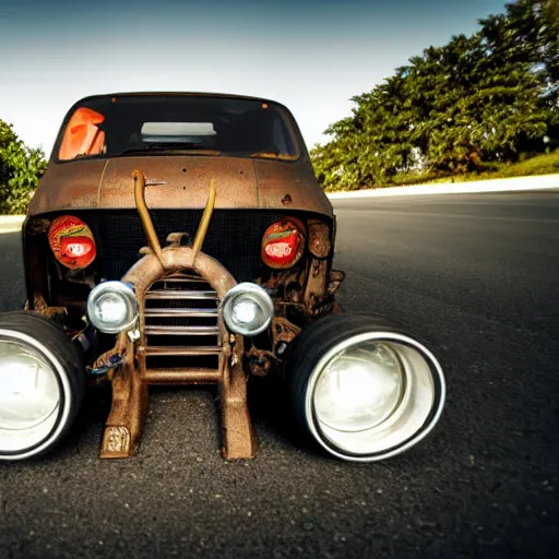 Image similar to nuclear themed ratrod car in the frame of a fiat panda. nuclear, mechanical ad, vehicle photoshoot, distant. hd ratrod, exposed engine, racer