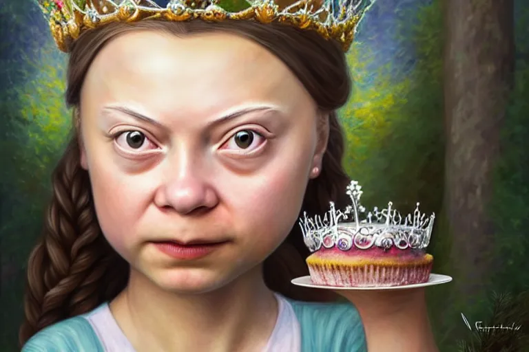 Image similar to closeup profile portrait of greta thunberg as a fairytale princess wearing a crown eating cakes in the castle kitchen, nicoletta ceccoli, mark ryden, lostfish, max fleischer, hyper realistic, artstation, illustration, digital paint, matte paint, vivid colors, bright, cheerful, detailed and intricate environment