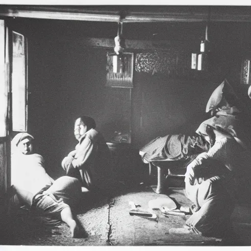 Prompt: people smoking opium in an opium den, monochrome film, dreamlike,