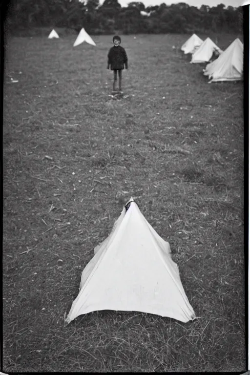 Image similar to photo polaroid of a sad and lonely child stands in the middle many tents of field hospitals, pandemic, covid,loneliness, black and white ,photorealistic, 35mm film,