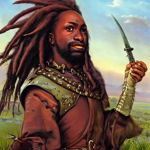 Image similar to a medieval hunter with african ethnicity and dreadlocks, plum color scheme, fantasy character portrait by James C Christensen