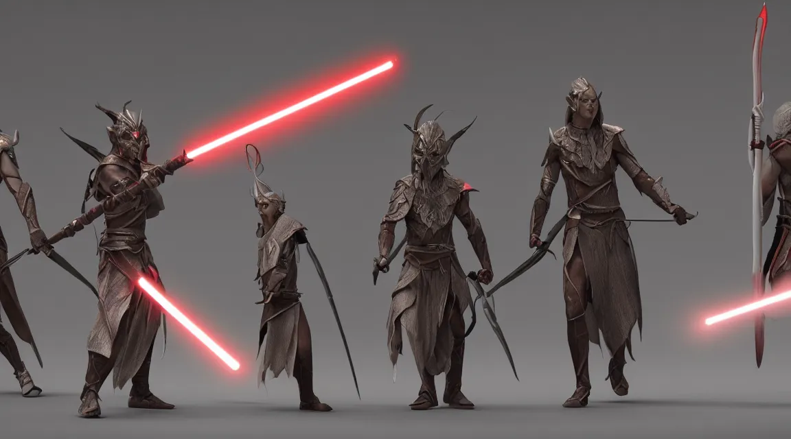 Image similar to LOTR elves and sith wielding lightsabers and bows, background Canon, 100mm, octane render, photorealistic, detailed, cinematic, 8k no blur, volumetric lightning