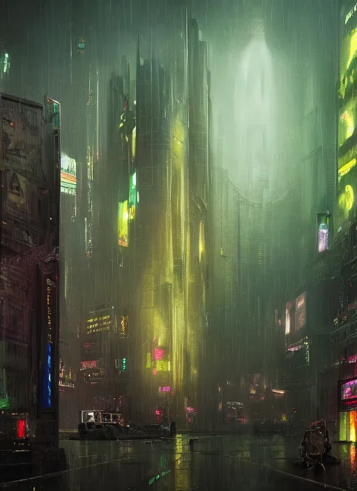 Prompt: a cyberpunk city, raining, mist by Denis Villeneuve, greg rutkowski and thomas kinkade, Finnian MacManus, Syd Mead, Beksiński, Trending on artstation, yellow and green scheme, 8k, wide-angle lens