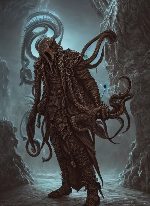 Image similar to detailed full body concept art illustration matte painting of a Cthulhu pirate in full intricate clothing, ultra detailed, digital art, octane render, 4K, dystopian, micro details