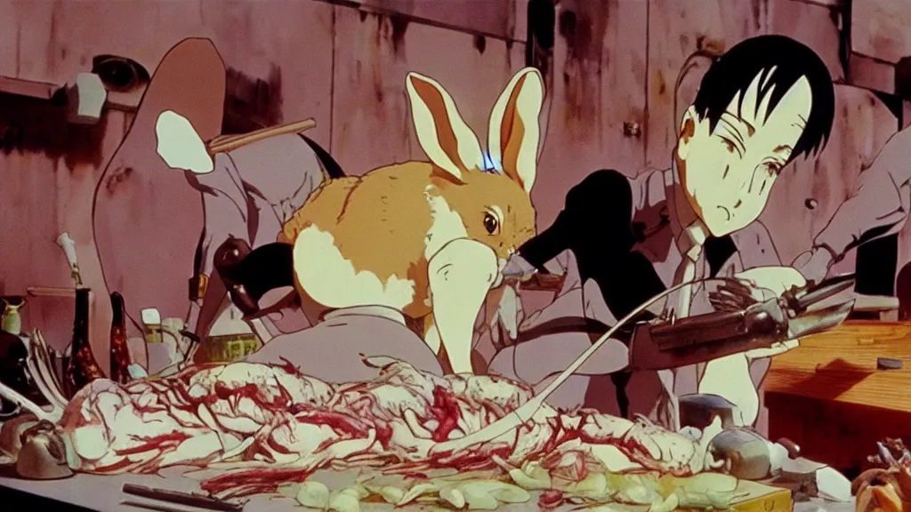 Image similar to a rabbit being butchered, anime film still from the an anime directed by Katsuhiro Otomo with art direction by Salvador Dalí, wide lens