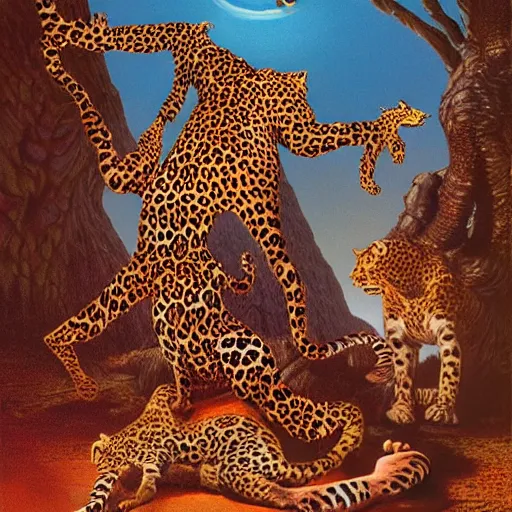 Image similar to leopards wearing leopard animal print clothing, dancing around in a fire drinking and laughing, magical bright world, volumetric lighting, Artwork by Richard Corben + Mark Arian + Wayne Barlowe + Boris Vallejo + Julie Bell + Zdzisaw Beksinski + Ed Binkley + Mark Brooks + Jean Delvil