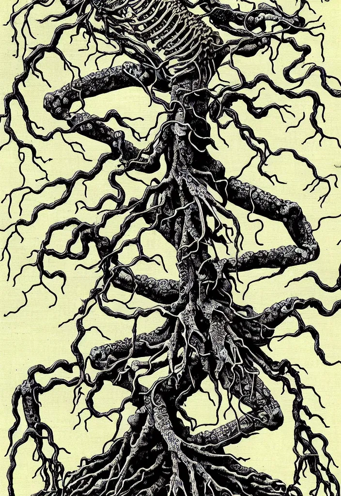 Image similar to prompt: anatomy dissection drawing skeleton Bonsai tree squid creature roots merging into big moon drawn by Takato Yamamoto, bonsai skeleton anatomy atlas, veins and organs attached to tree roots, alchemical objects inspired by 1980's sci-ci, old experimentation cabinet, intricate oil painting detail, manga 1980