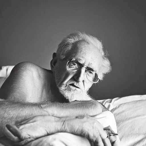 Prompt: black and white fashion photograph, highly detailed portrait of a depressed old man sitting on the edge of a messy bed, natural light, rain, mist, lomo, fashion photography, film grain, soft vignette, sigma 85mm f/1.4 1/10 sec shutter