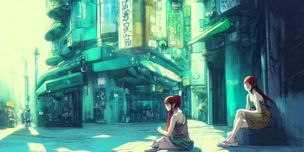 Prompt: concept art, pretty woman sitting on street, braids blue green, she alone, junichi higashi, isamu imakake, intricate, balance, ultra detailed, full far frontal portrait, volumetric lighting, cinematic lighting + masterpiece,