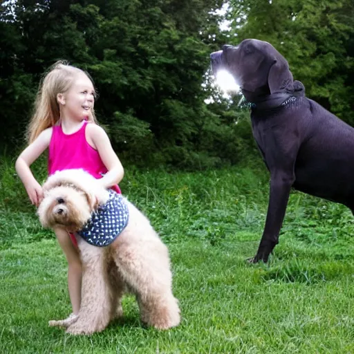 Image similar to a beautiful girl playing with you her giant dog