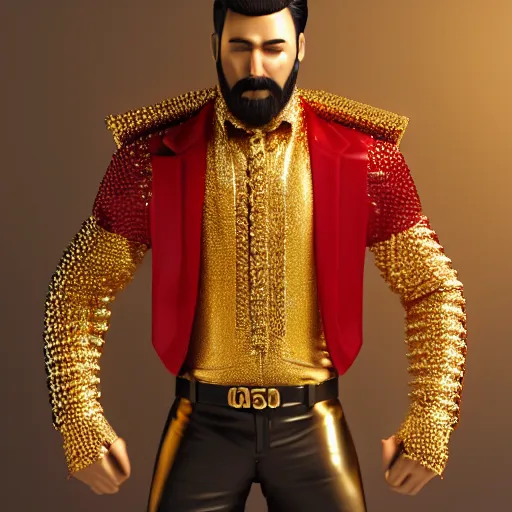 Image similar to a highly detailed full-length man with dark brown short hair, a dark beard, in black and red clothes, with a gold chain and a gold belt, artstation, DeviantArt, professional, octane render