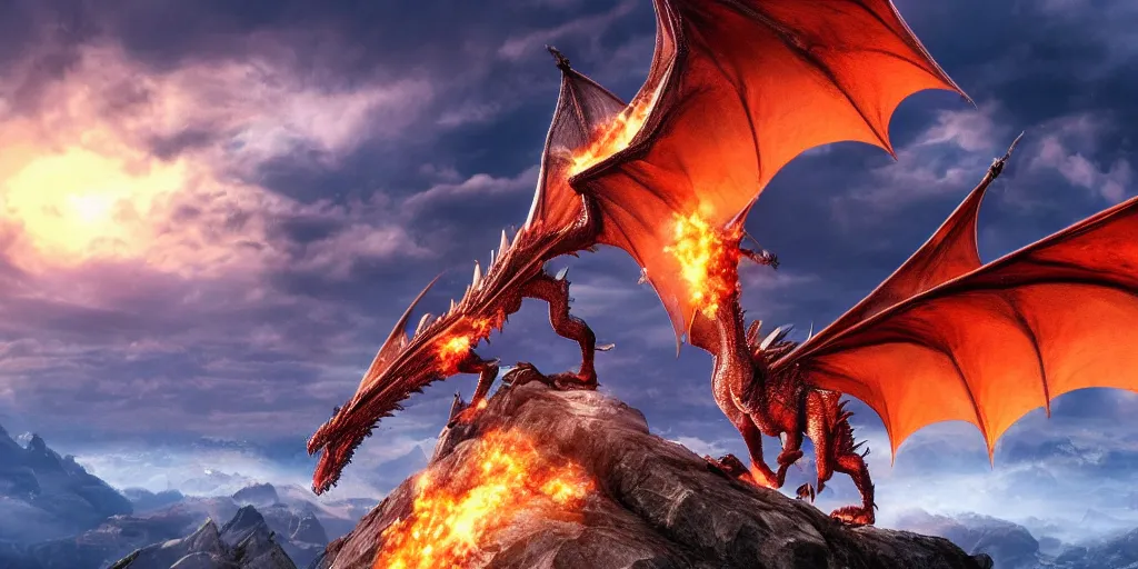 Image similar to A single dragon with half open wings breathing fire on the top of a mountain, epic composition, detailed and intricate image, cinematic, 4K