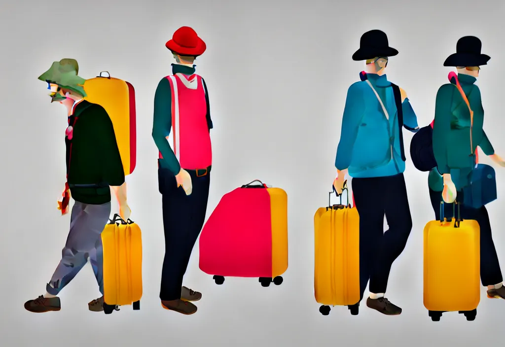 Image similar to full body portrait of a duo of european tourists travel apparel, various poses walking and carrying luggage, character designs painting, in the style of wes anderson, rene magritte, lola dupre, david hockney, isolated on white background, dark monochrome neon spraypaint accents octane render with geometry