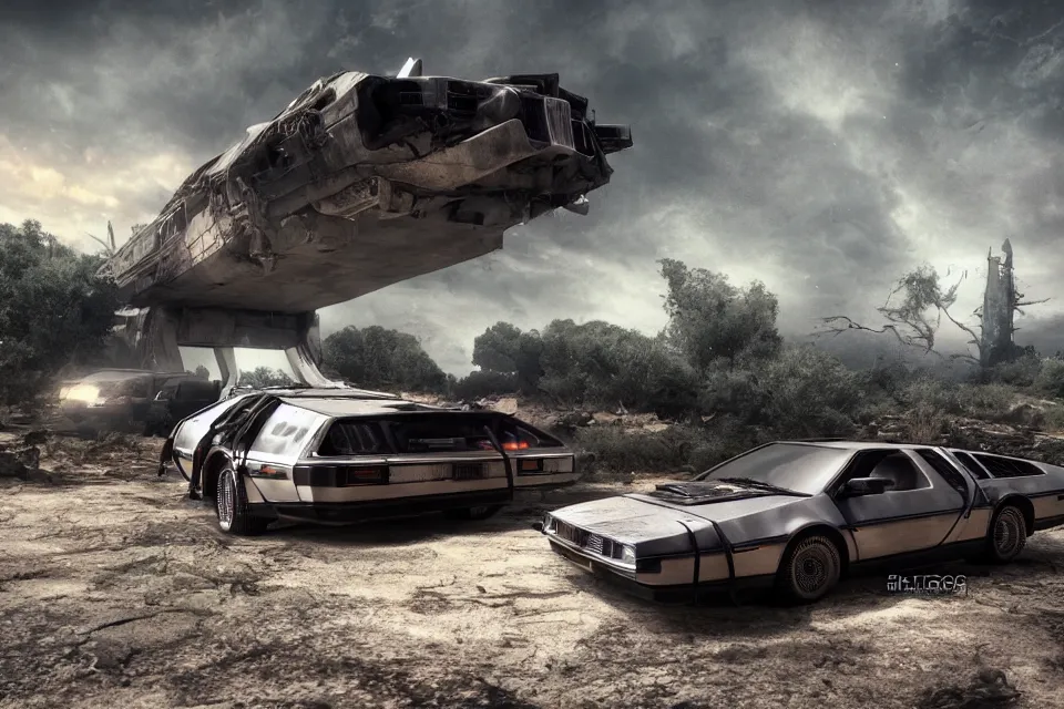 Image similar to delorean dmc 5 next to ancient space ship wreck horror, dark cinematic, volumetric, realistic, 3 d render, realistic render, cinematic lighting, volumetric lighting, atmospheric, cinematic, unreal engine, unreal engine render, octane render, hd, photorealism, hyper realistic, photo, 8 k