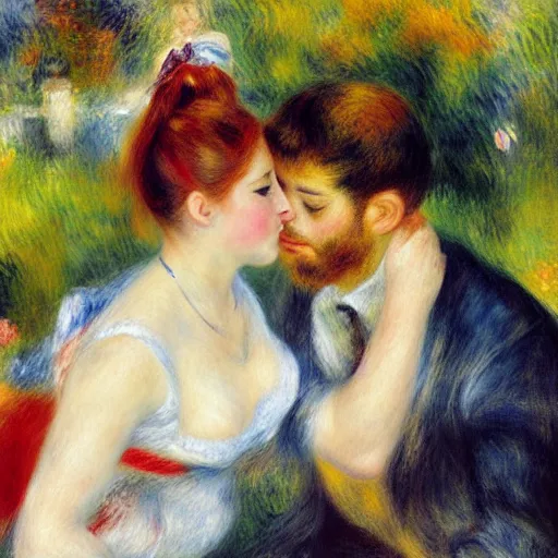 Image similar to art by renoir, real lgbt love, people wearing clothes