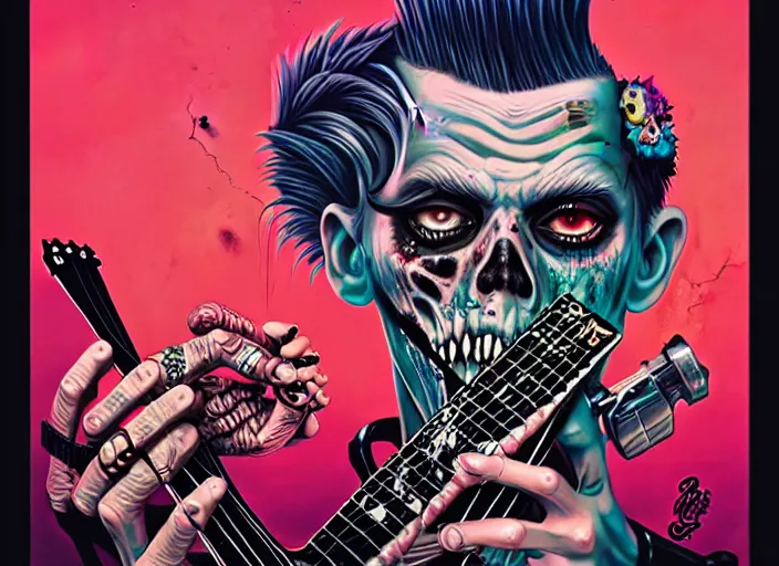 Prompt: a zombie punk rocker with a mohawk holding a stratocaster, tristan eaton, victo ngai, artgerm, rhads, ross draws