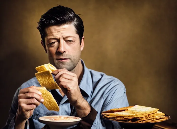 Image similar to cinematic 1 9 2 0 s portrait of misha collins eating saltines, bokeh,