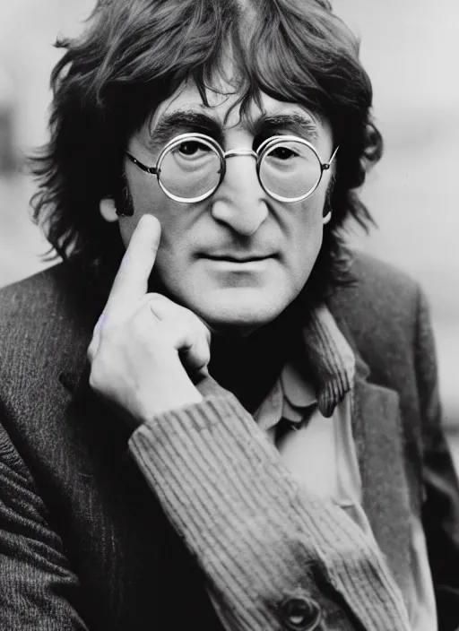 Image similar to DSLR photo portrait still of John Lennon at age 81, 85mm f1.8