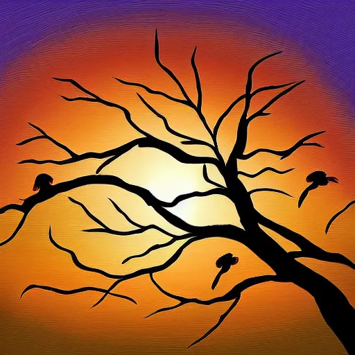 Image similar to birds on cherry tree, serene, graceful, sunset at golden hour, digital painting, Dada