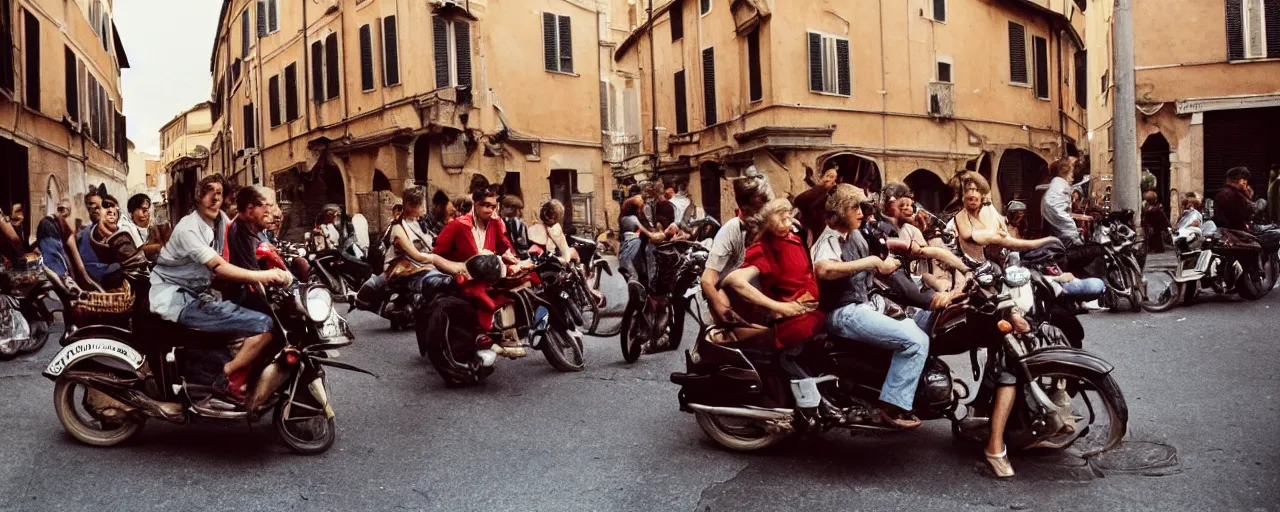 Prompt: a group of people on the streets of rome riding in a motorcycle made of spaghetti, canon 5 0 mm, cinematic lighting, photography, retro, film, kodachrome