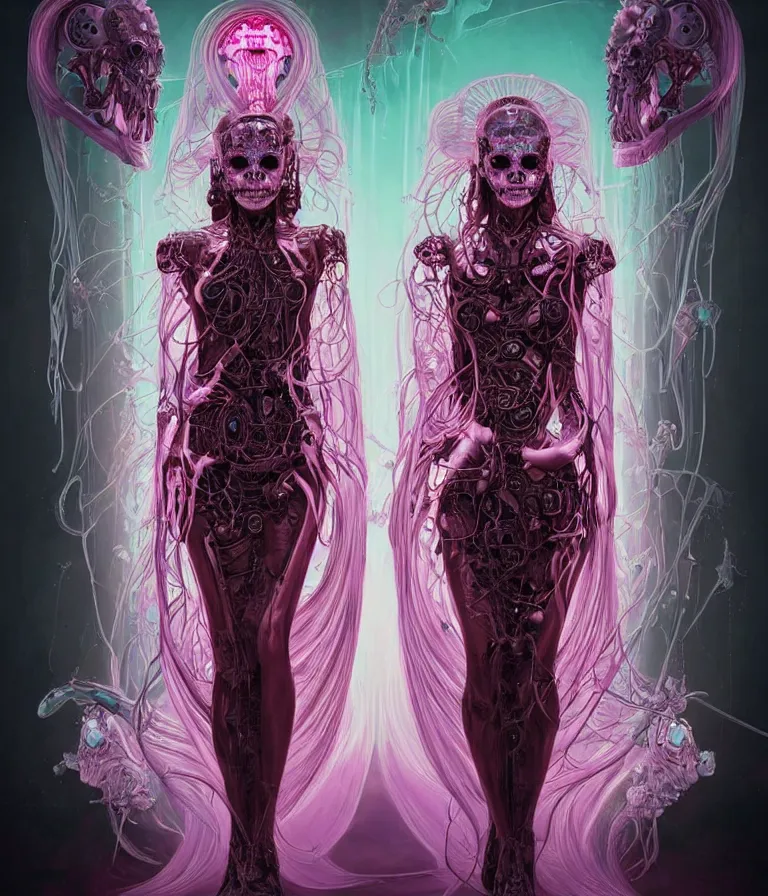 Image similar to fully symmetrical centered iridescent portrait of a beautiful princess demon in robe. skulls artificial muscles, ribcage, bones, hard surface modelling. cyberpunk look. biomechanical mask. bio luminescent biomechanical halo around head. neon jellyfish. artwork by jarold Sng by artgerm, by Eddie Mendoza, by Peter mohrbacher by tooth wu, unreal engine, octane render, cinematic light, high details, iridescent colors, dichroic, macro, depth of field, blur