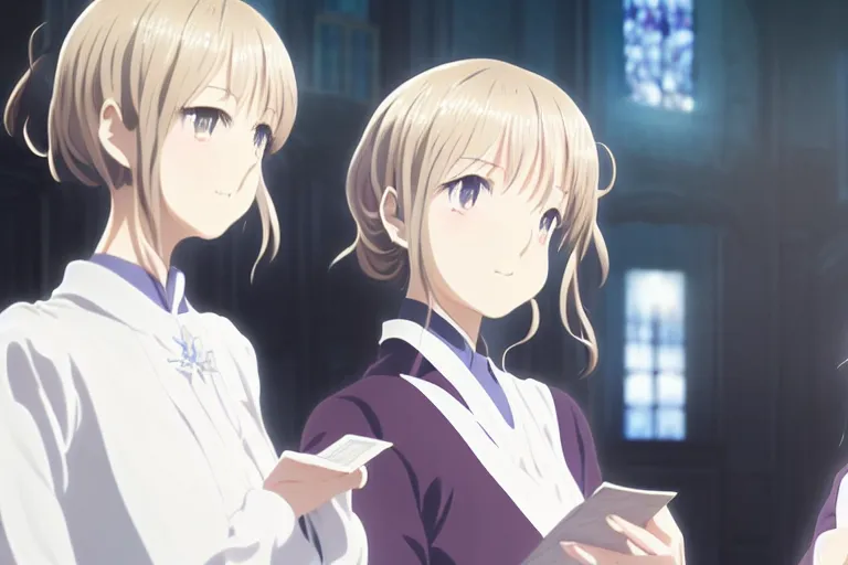 Image similar to portrait of two wise and very beautiful women discussing some texts appearing in a computer screen, anime key visual of violet evergarden, intricate, elegant, highly detailed, smooth, sharp focus, artstation