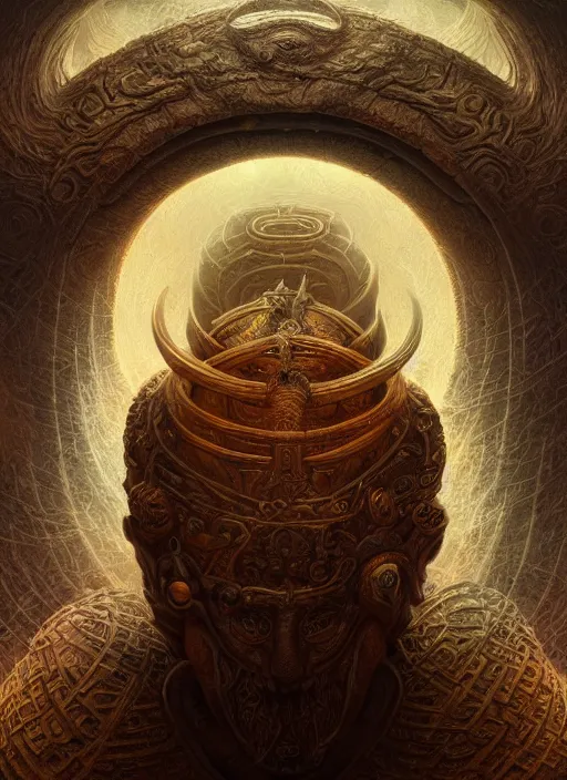 Prompt: helmet of a forgotten deity with a labyrinth, in the style of tomasz alen kopera and fenghua zhong and peter mohrbacher, mystical colors, rim light, beautiful lighting, 8 k, stunning scene, raytracing, octane, trending on artstation