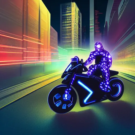 Image similar to a cyber man driving a futuristic neon motorcycle fast on a urban road in the nighttime, digital art, realistic, detailed, mysterious, dramatic, cinematic