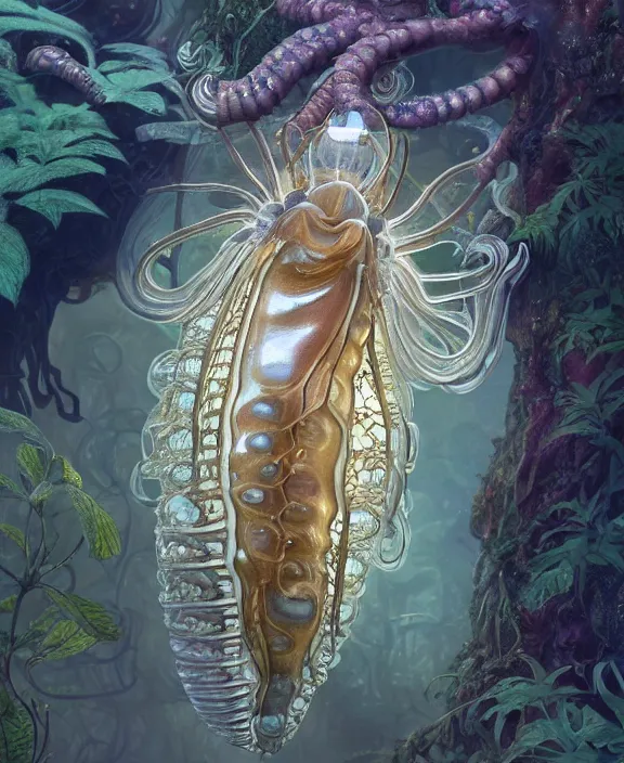 Prompt: intricate opulent transparent clear see - through portrait of a terrifying beautiful male human isopod sea slug, mottled coloring, adorable, childlike, overgrown biopunk jungle environment, ultra realistic, concept art, art nouveau, photorealistic, octane render, 8 k, unreal engine. art by christopher marley and artgerm and greg rutkowski and alphonse mucha