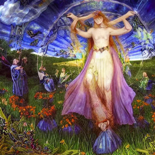 Image similar to preraphaelite hippies dancing in a flower forest, magic occult ceremony ritual summoning guitar, flowing forms, viewed from below, ultra wide angle, beautiful sky, highly detailed