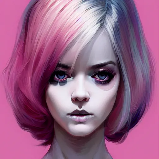 Image similar to half - voidcore symmetrical woman with cute - fine - face, pretty face, white and pink hair, realistic shaded perfect face, extremely fine details, by realistic shaded lighting, dynamic background, poster by ilya kuvshinov katsuhiro otomo, magali villeneuve, artgerm, jeremy lipkin and michael garmash and rob rey, pascal blanche, kan liu