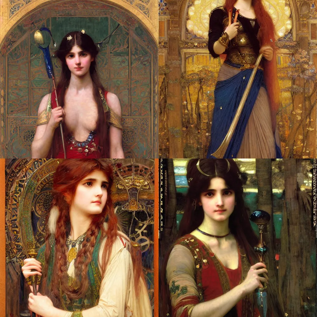 Prompt: orientalist portrait of a tired magical girl holding a magical wand and wearing a business suit intricate portrait by john william waterhouse and Edwin Longsden Long and Theodore Ralli and Henryk Siemiradzki, very coherent symmetrical artwork. Cinematic, hyper realism, high detail 8k