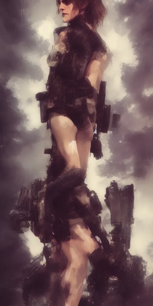 Image similar to emma watson wearing metal gear armor holding ak-47 dramatic lighting art by Yoji Shinkawa by Richard Schmid by greg rutkowski by Sandra Chevrier by Jeremy Lipking cinematic dramatic