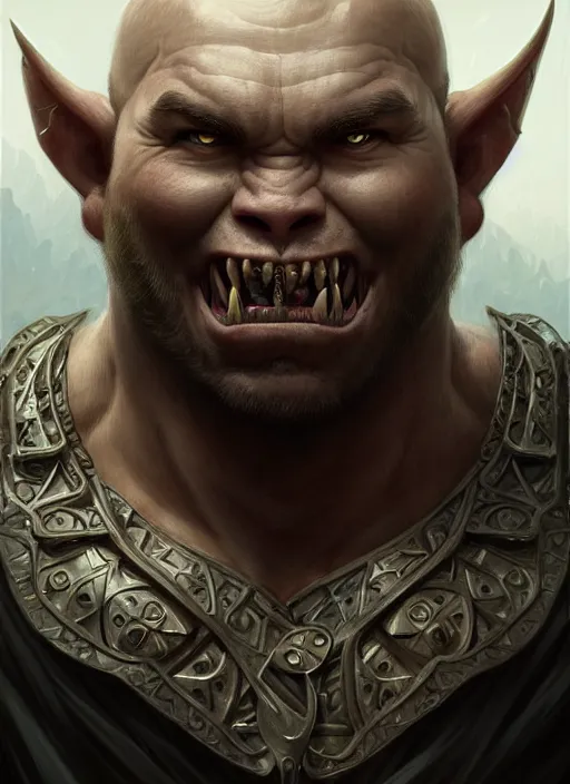 Image similar to portrait of karl pilkington as an orc, d & d, muscular! fantasy, intricate, elegant, highly detailed, digital painting, artstation, concept art, smooth, sharp focus, illustration, art by artgerm and greg rutkowski and alphonse mucha