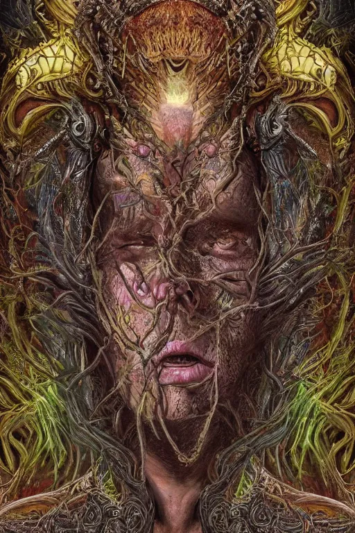 Image similar to 8k overdetailed maximalist ent darkfantasy art by oleksandra shchaslyva cinematic symmetric portrait of an ancient ent god emperor. Centered, uncut, unzoom charachter illustration. Ayahuasca visual manifestation. Surreal render, ultra realistic, zenith view. Inspired by giger feat peter gric and bekinski. Overpainted by salviadroid. Slightly Decorated with Sacred geometry and fractals. Extremely ornated. artstation, cgsociety, unreal engine, ray tracing, detailed illustration, hd, 4k, digital art, overdetailed art. Intricate omnious visionary darkscifi fantastic realism concept art. complementing colors. Trending on artstation, deviantart