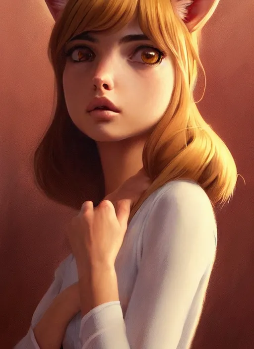 Image similar to ultradetailed beautiful panting of a stylish young lady ( ( ana de armas ) ) wearing a brown foxgirl suit with cat ears, dramatic, furry, she has blond hair, distressed, volumetric light, by greg rutkowski, ilya kuvshinov, james jean, makoto shinkai, on artstation