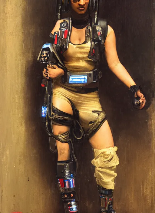 Image similar to Isabel igwe. cyberpunk mercenary wearing a cyberpunk headset and combat jumpsuit. (Cyberpunk 2077, bladerunner 2049). Iranian orientalist portrait by john william waterhouse and Edwin Longsden Long and Theodore Ralli and Nasreddine Dinet, oil on canvas. Cinematic, vivid colors, hyper realism, realistic proportions, dramatic lighting, high detail 4k