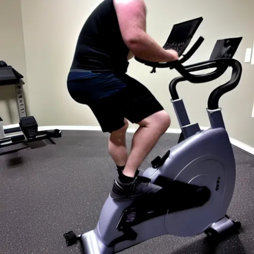 Image similar to chonky bald, grey trimmed bearded ethan van sciver working out vigorously on his peloton exercise bike