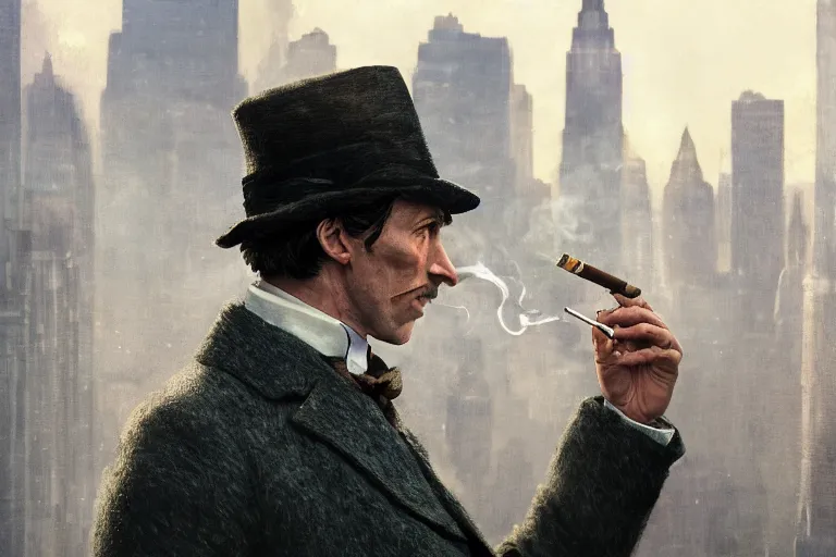 Prompt: portrait profile sherlock holmes smoking pipe on a perch facing the city at night, smoke rising, smooth, focus, highly detailed, hyper realistic, dramatic lighting, intricate, concept art, new york skyline, looking down, movie still, art by wlop, greg rutowski, artstation