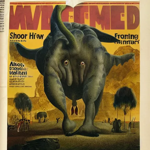 Prompt: a magazine cover for the showing of a large hybrid animal creature in a museum