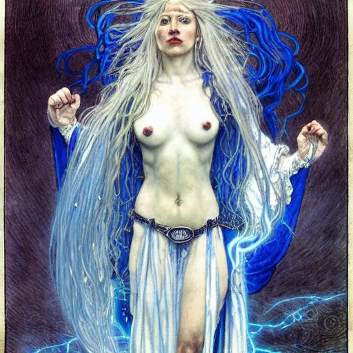 Image similar to half - length portrait of a female lightning genasi with blue skin and white hair made of sirrus clouds, wearing billowing white robes, holding a bolt of lighting, medieval, fantasy, d & d, luis royo, klimt, alphonse mucha