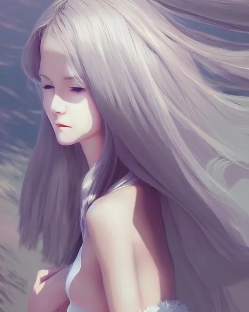 Image similar to infinitely detailed full - body portrait pale female peaceful dream angel wearing elegant clothes. beautiful! scenery art! by wlop & murata range, by ilya kuvshinov. artstation!! / pixiv!!