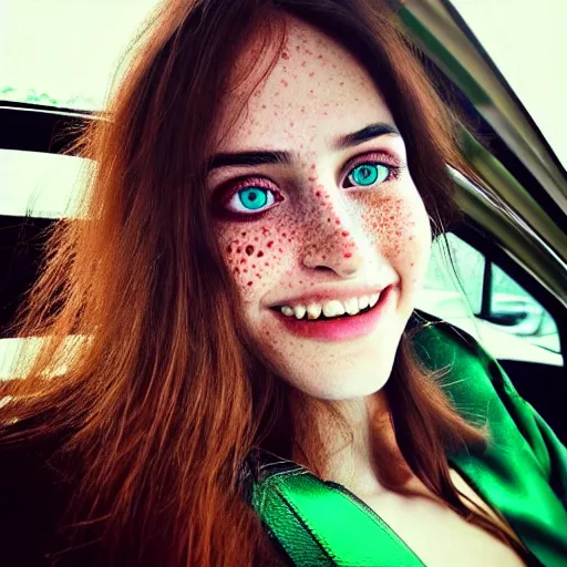 Prompt: ! beautiful hyperrealism hyperdetailed selfie of a cute young woman with vivid emerald green eyes, sitting in her car, long bronze brown hair, flushed face, red blush, light freckles, big puffy lips, smiling softly, soft features, 8 k, sharp focus, art by irakli nadar, instagram, portra 4 0 0