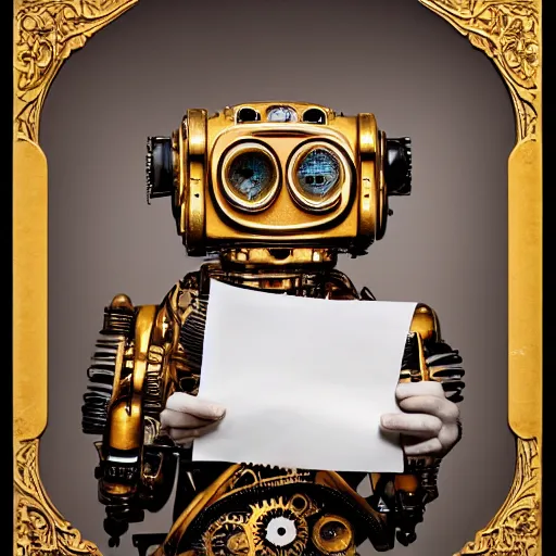 Prompt: a beautiful intricate fine art portrait photo of a happy mechanical industrial steampunk robot reading a letter of admission held in hands, by anna dittman and zach sutton, eyes glowing, happiness!, perfection!, studio lighting, golden ratio composition, 50mm lens, bionic, cybernetic scifi, deep depth of field, artstation, 8K