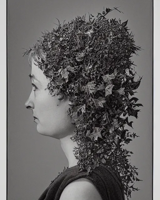 Image similar to a woman's face in profile, made of intricate decorative ivy, in the style of the dutch masters and gregory crewdson, dark and moody