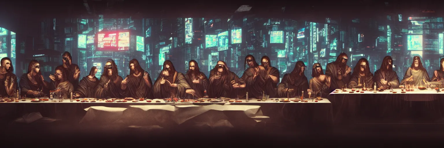 Image similar to the last supper, cyberpunk style, octane render