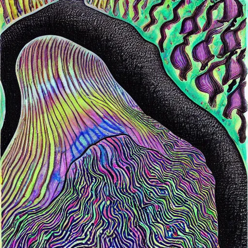 Image similar to detailed drawing of a white oyster mushroom fruiting from a tree trunk, psychedelic colors, tye dye, escher, dali