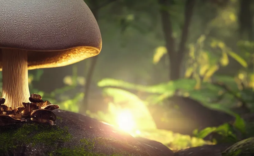 Image similar to a beautiful render of a mushroom growing out of a metal sphere in a rainforest, sunset lighting, intricate detail, hazy, humid, volumetric lighting, god rays, 8 k, photorealistic, raytracing effects, unreal engine 5