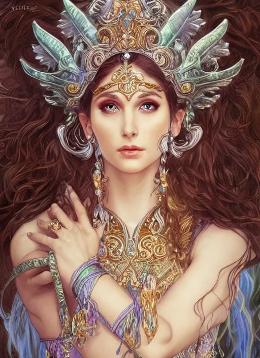 Prompt: Tyrande Whisperwind as a Greek Goddess, beautiful detailed eyes, cute, fantasy, intricate, elegant, highly detailed, digital painting, 4k, HDR, concept art, detailed jewelry, smooth, sharp focus, illustration, art by Artgerm, H R Giger and Alphonse Mucha