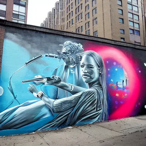 Prompt: a mural by spray paint artist outer source in new york